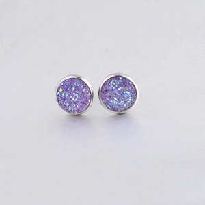 Detailed view of 10mm round purple drusy stud earrings with sparkling crystal texture