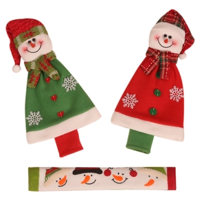 Christmas snowman appliance handle covers in red and green festive knitted fabric set