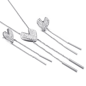 Sparkling silver heart pendant necklace and tassel earrings set with crystal rhinestones