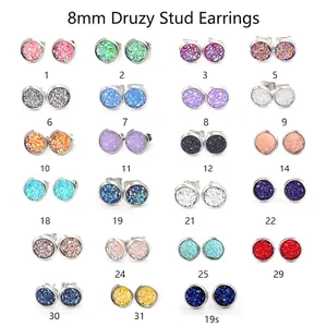 Round Stainless Steel Stud Earrings Druzy Sparkle Starry Sky Texture Colorful Hypoallergenic Jewelry For Women Children