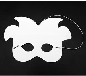 Front view of white DIY pulp jester mask for painting with elastic straps