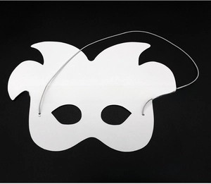 Reverse view of a white DIY pulp princess mask showing the inner side and elastic band