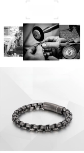 Macro detail of men's retro 316L stainless steel box chain bracelet with press buckle