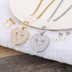 Elegant heart necklace and pearl earring set in gold and silver finishes for women