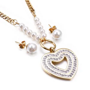 Elegant Heart Necklace And Artificial Pearl Earrings Stainless Steel Cubic Zirconia Double Hollow Heart Pendant Jewelry For Women