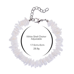 Detailed view of white shell choker dimensions and adjustable extender chain