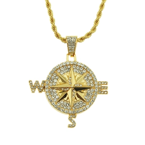 Compass Rose Pendant Necklace Zinc Alloy Iron Rhinestones Hip Hop Punk Streetwear Directional Jewelry For Mens Unisex