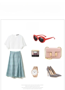 Flat lay of oval red sunglasses styled with white top and pink metal chain leather bag
