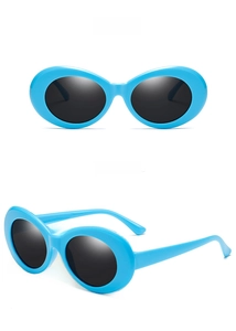 Dual view of electric blue oval sunglasses with thick frames and dark grey lenses