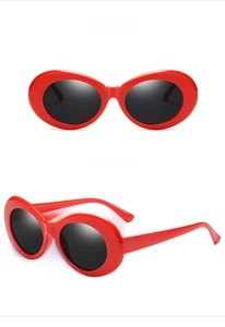 Detailed views of vintage red oval sunglasses with grey lenses from multiple angles