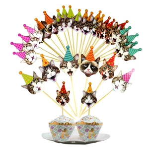 Macro detail of cat expression cupcake toppers with paper party hat designs