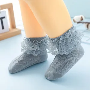 Light blue breathable mesh baby socks with double-layered lace trim princess style