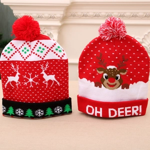 Festive knitted Christmas hats with LED lights and OH DEER text in red and white colors
