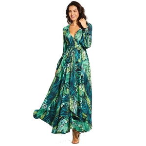 Robe longue femme à col en V profond avec imprimé tropical vert et manches bouffantes