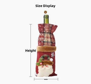 Detail of red burlap Christmas wine bottle cover with Santa applique and plaid drawstring