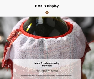 Detail of red and white plaid burlap wine bottle cover with elastic drawstring closure