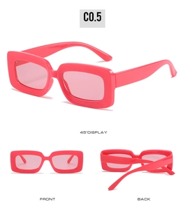 Three-way view of pink rectangular sunglasses showing front, back, and 45-degree angles