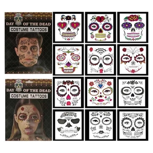 Day of the Dead sugar skull face tattoos set for Halloween costume makeup decoration