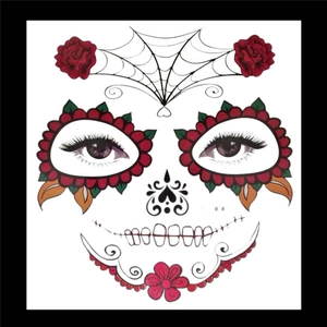 Macro detail of Sugar Skull face tattoos with red roses and spider web patterns