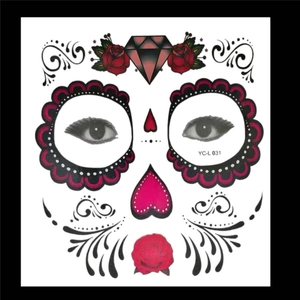 Detail of Day of the Dead face tattoo stickers with pink roses and diamond patterns