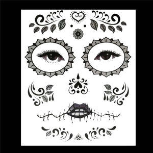 Flat lay of black Day of the Dead floral face tattoo stickers for Halloween makeup