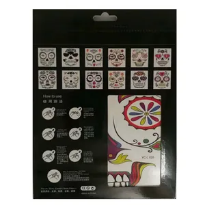 Step-by-step instructions and patterns for Day of the Dead skull face tattoo stickers