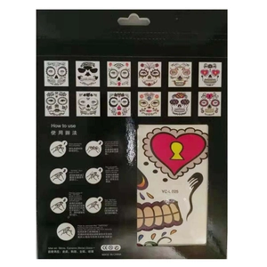 Detail of Day of the Dead face tattoos featuring 12 colorful skull designs with instructions
