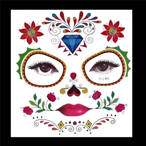 Detail of Day of the Dead face tattoo with colorful floral patterns and skull designs
