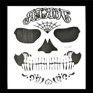 Macro detail of Joker skeleton face tattoo stickers with spider web and bone line patterns