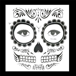 Detailed Day of the Dead face tattoo stickers with black floral eye and teeth patterns