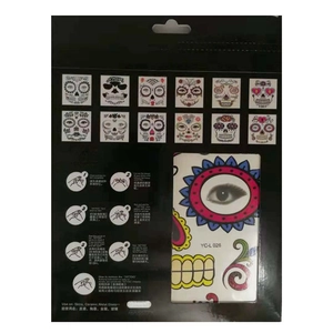 Macro detail of Halloween skull face tattoo stickers with water transfer usage guide