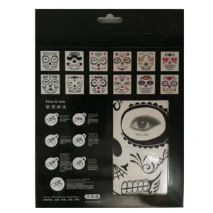 Detailed instructions for Halloween skull tattoo stickers with application and cleaning steps
