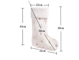 Detailed dimensions of white plush Christmas stocking with gold snowflake embroidery