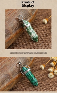 Detail of hexagonal malachite and moss agate stone pendants with silver clasps