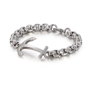 Mens stainless steel anchor bracelet with vintage industrial chain links in silver