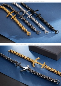 Detail view of anchor-themed stainless steel men's bracelets in gold and silver finishes