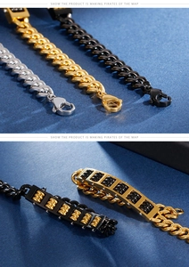 Close-up of abacus charm on Cuban chain bracelets in gold, silver, and black metal