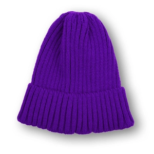 Detailed view of the purple ribbed knit beanie showing thick texture and elastic weave