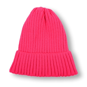 Close-up of thick ribbed knit pink beanie for kids with cozy folded cuff detail