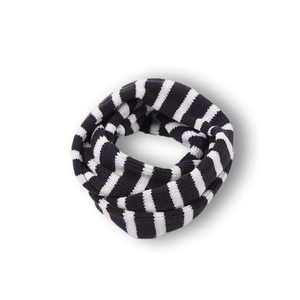 Detail of soft black and white striped knitted infinity scarf for kids winter warmth