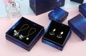 Detail of starry night jewelry gift box with velvet insert for rings and earrings