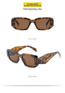 Detail view of tortoiseshell square sunglasses with tea lenses and geometric wide temples