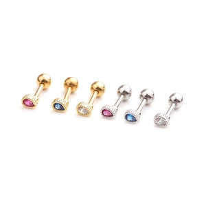 Set of 6 stainless steel barbell earrings with colorful teardrop zircon in gold and silver