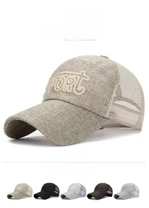 Detail showing five colors of breathable mesh baseball caps with SPORT embroidery on front