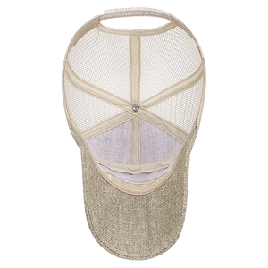 Breathable beige mesh baseball cap with long brim and adjustable strap for sun protection