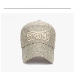 Front detail of grey linen baseball cap featuring 3D white SPORT embroidery text