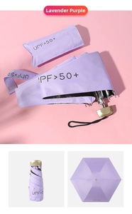 Macro detail of lavender mini umbrella showing UPF 50+ protection and storage bag