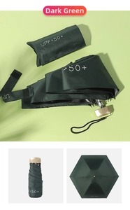 Detail of dark green UV umbrella with UPF 50 plus mark and compact storage pouch