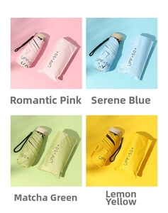 UPF 50+ portable mini folding umbrellas in pastel pink, blue, green and yellow colors
