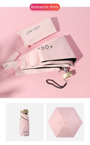 Pink mini folding umbrella with UPF 50+ protection and matching storage pouch